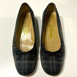 SALVATORE FERRAGAMO plaid wool and leather accented bow top 1 inch heel flats